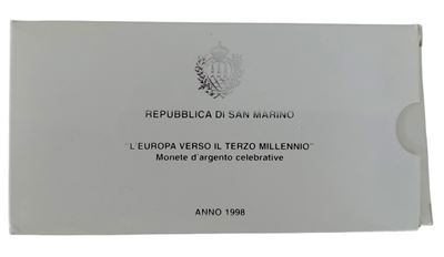 Repubblica di San Marino, 1998, cofanetto con 2 monete in argento Fondo Specchio proof (5.000 e 1...