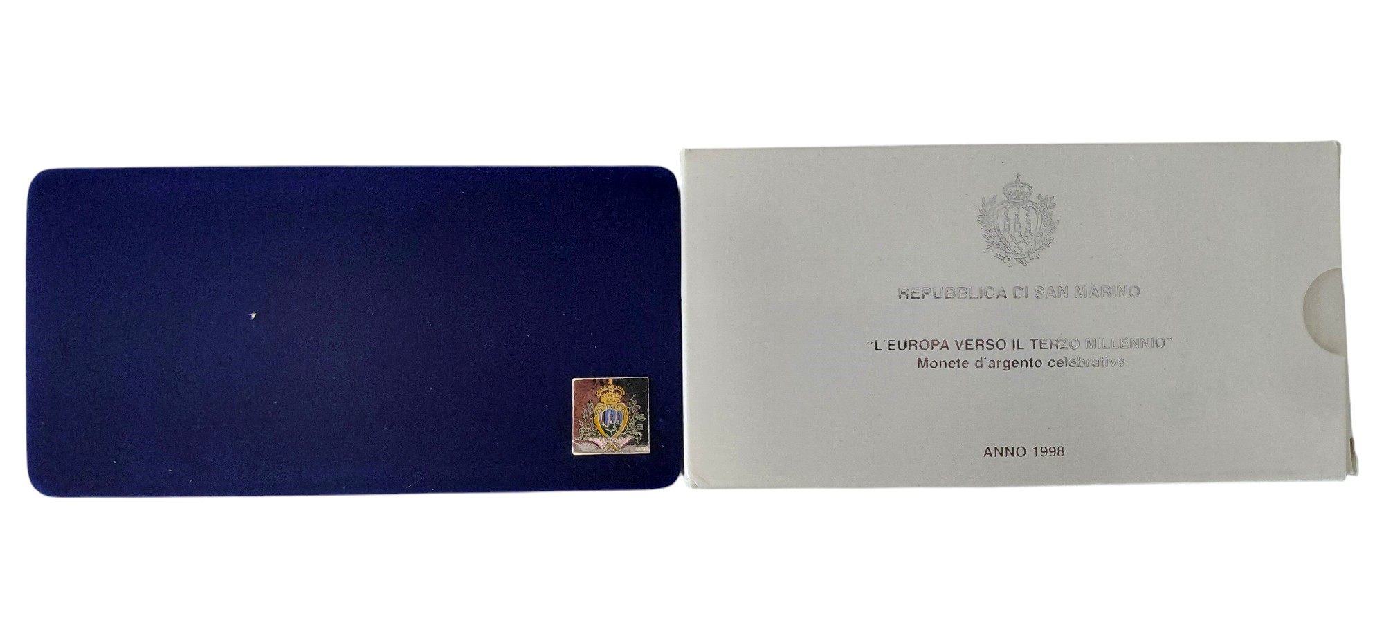 Repubblica di San Marino, 1998, cofanetto con 2 monete in argento Fondo Specchio proof (5.000 e 1...