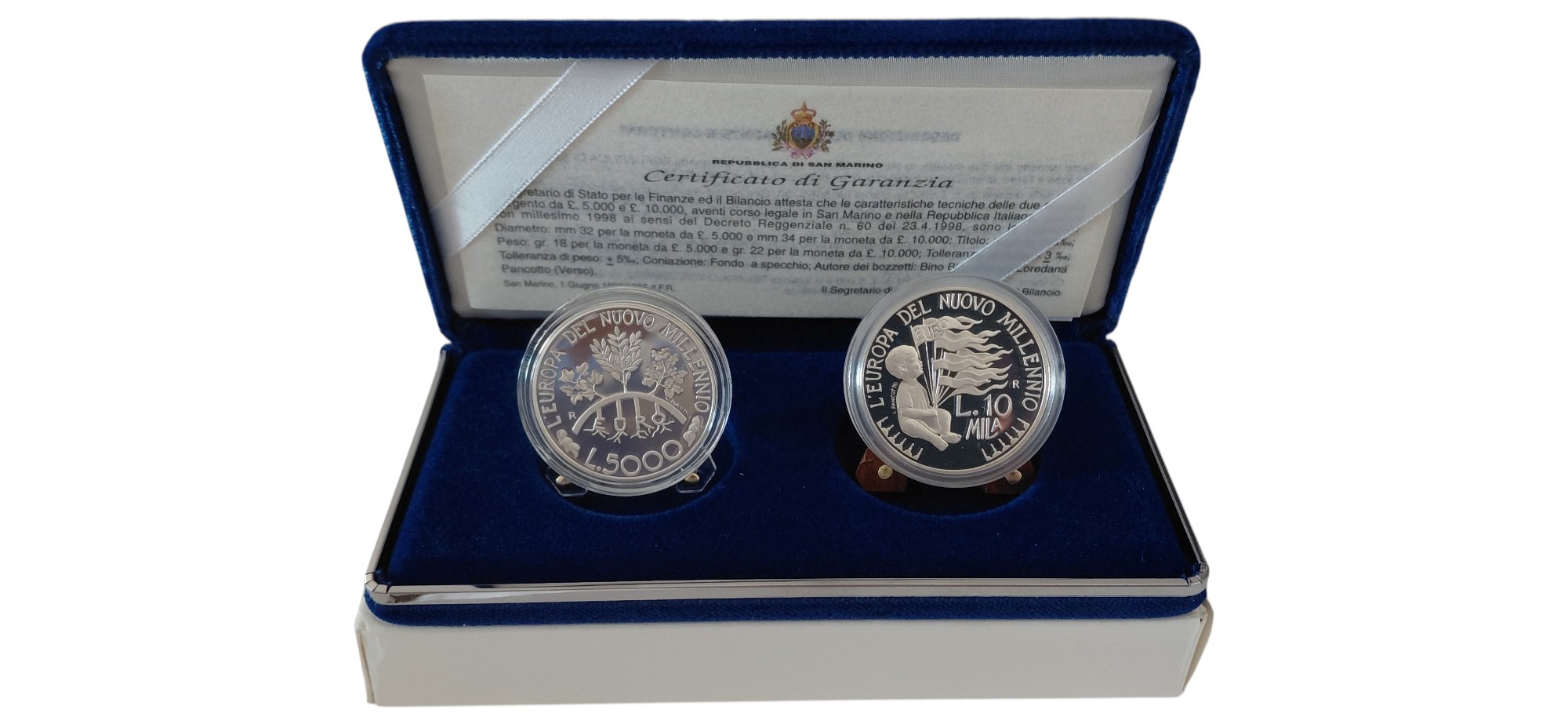 Repubblica di San Marino, 1998, cofanetto con 2 monete in argento Fondo Specchio proof (5.000 e 1...
