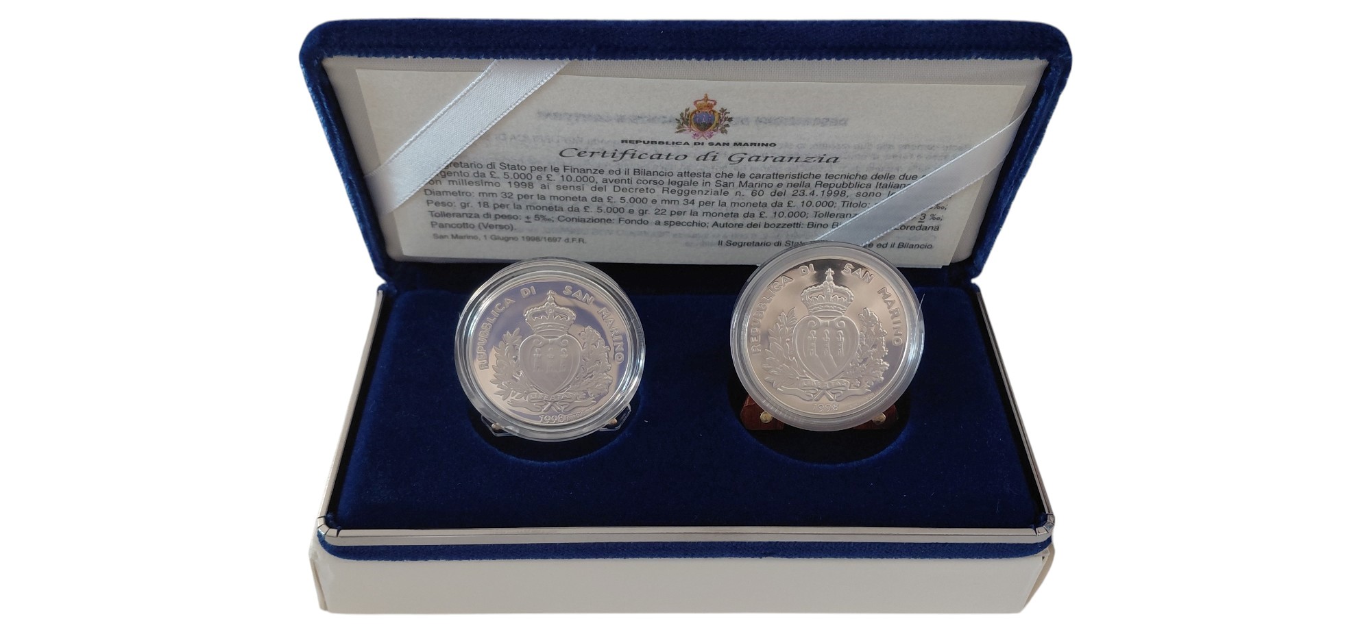 Repubblica di San Marino, 1998, cofanetto con 2 monete in argento Fondo Specchio proof (5.000 e 1...
