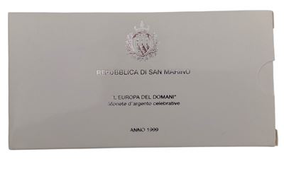San Marino, 1999, Cofanetto con 2 monete in argento Fondo Specchio (proof) da Lire 5.000 e Lire 1...