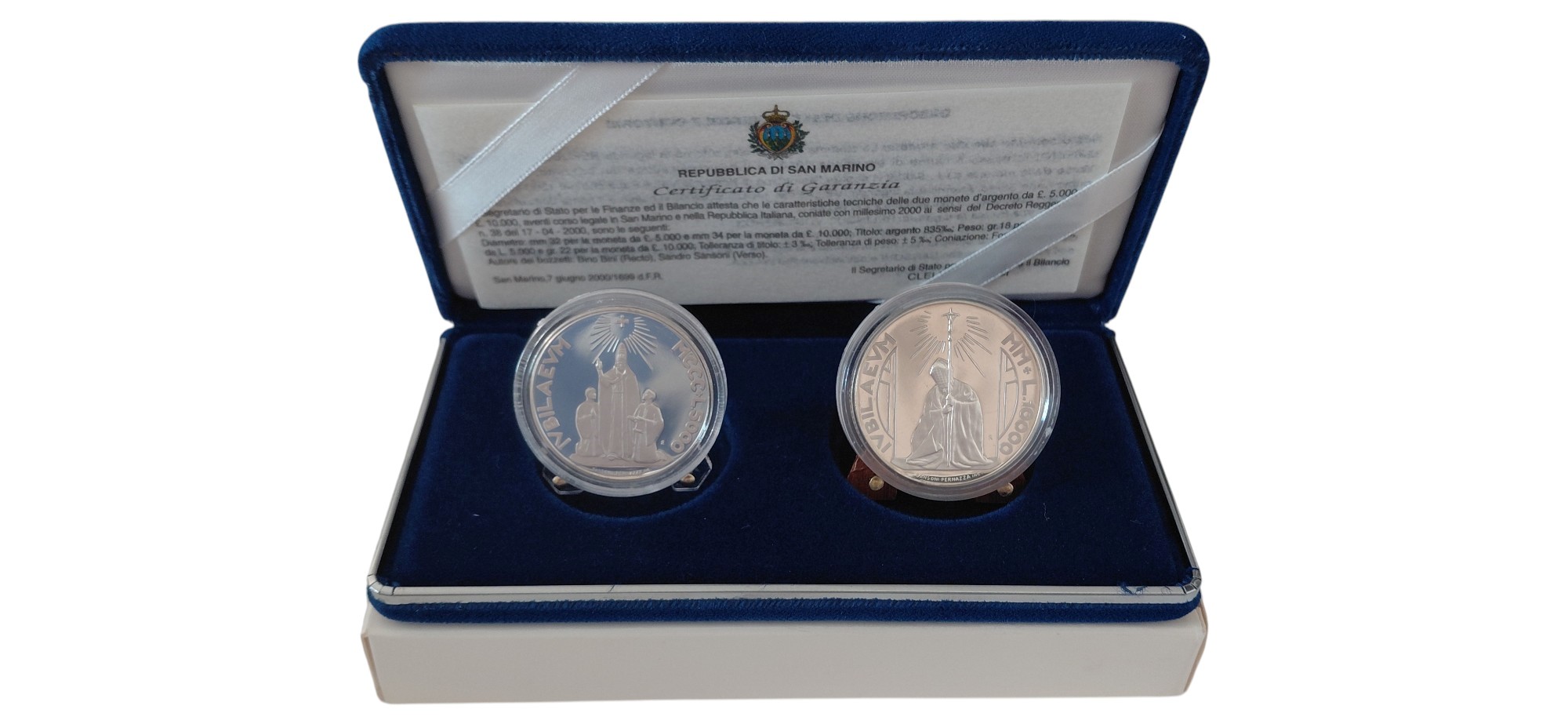 San Marino, Giubileo del 2000, cofanetto con 2 monete in argento Fondo Specchio (proof)