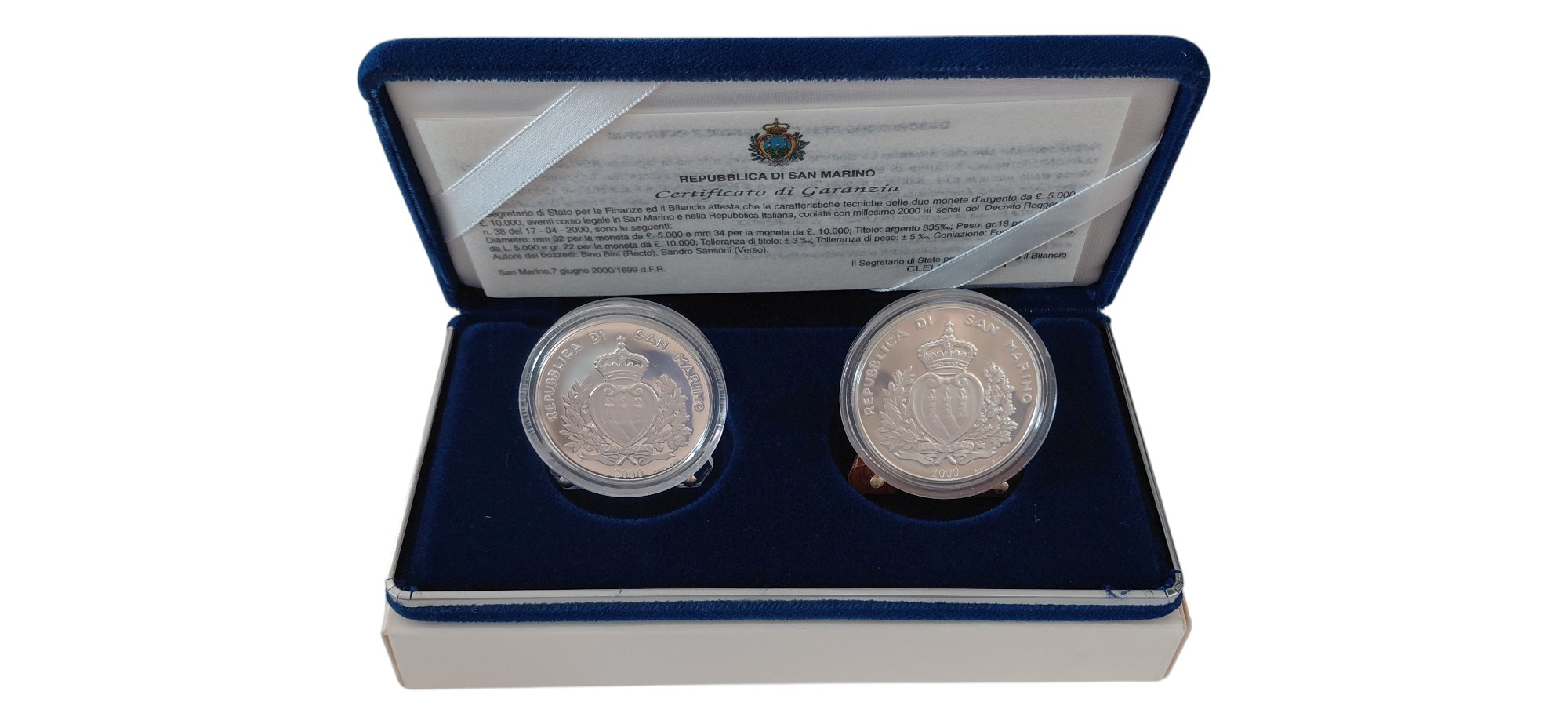 San Marino, Giubileo del 2000, cofanetto con 2 monete in argento Fondo Specchio (proof)