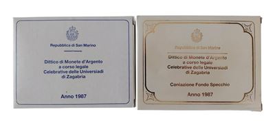 San Marino, 1987, dittici celebrativi delle Universiadi di Zagabria con quattro monete in argento