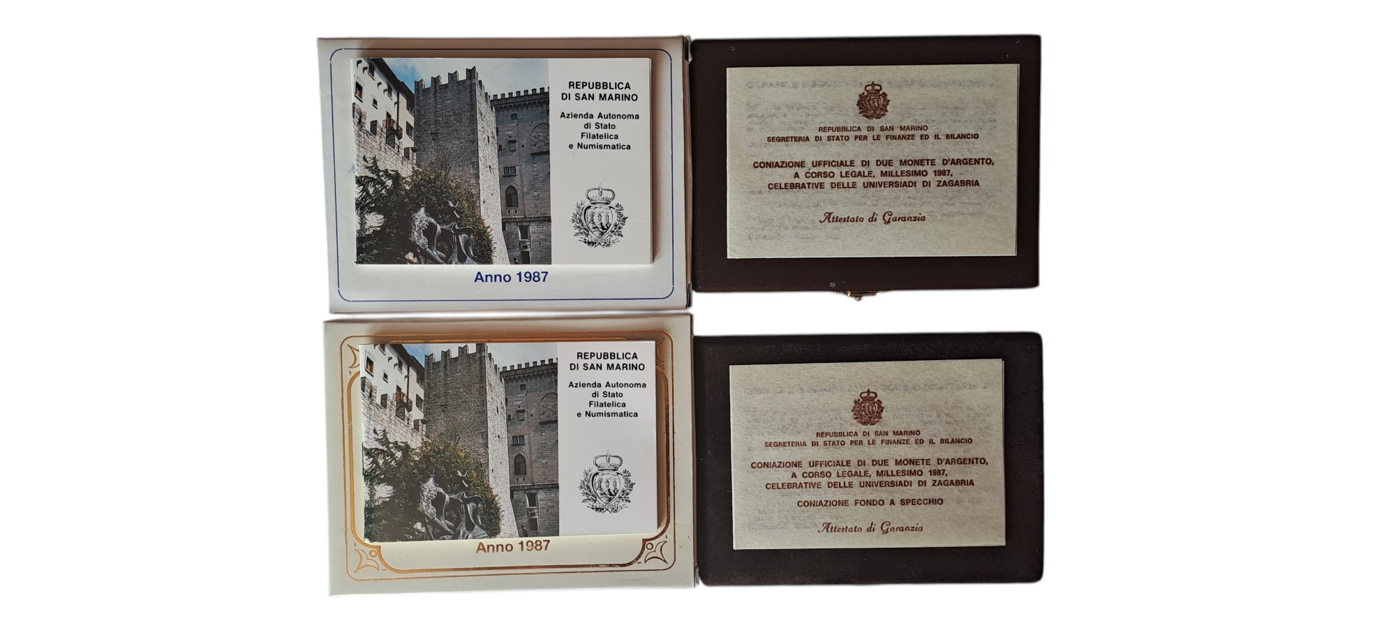 San Marino, 1987, dittici celebrativi delle Universiadi di Zagabria con quattro monete in argento