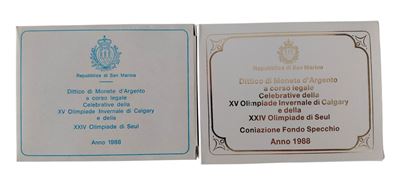 San Marino, 1988, due dittici celebrativi Olimpiadi invernali di Calgary e XIV Olimpiade di Seul,...
