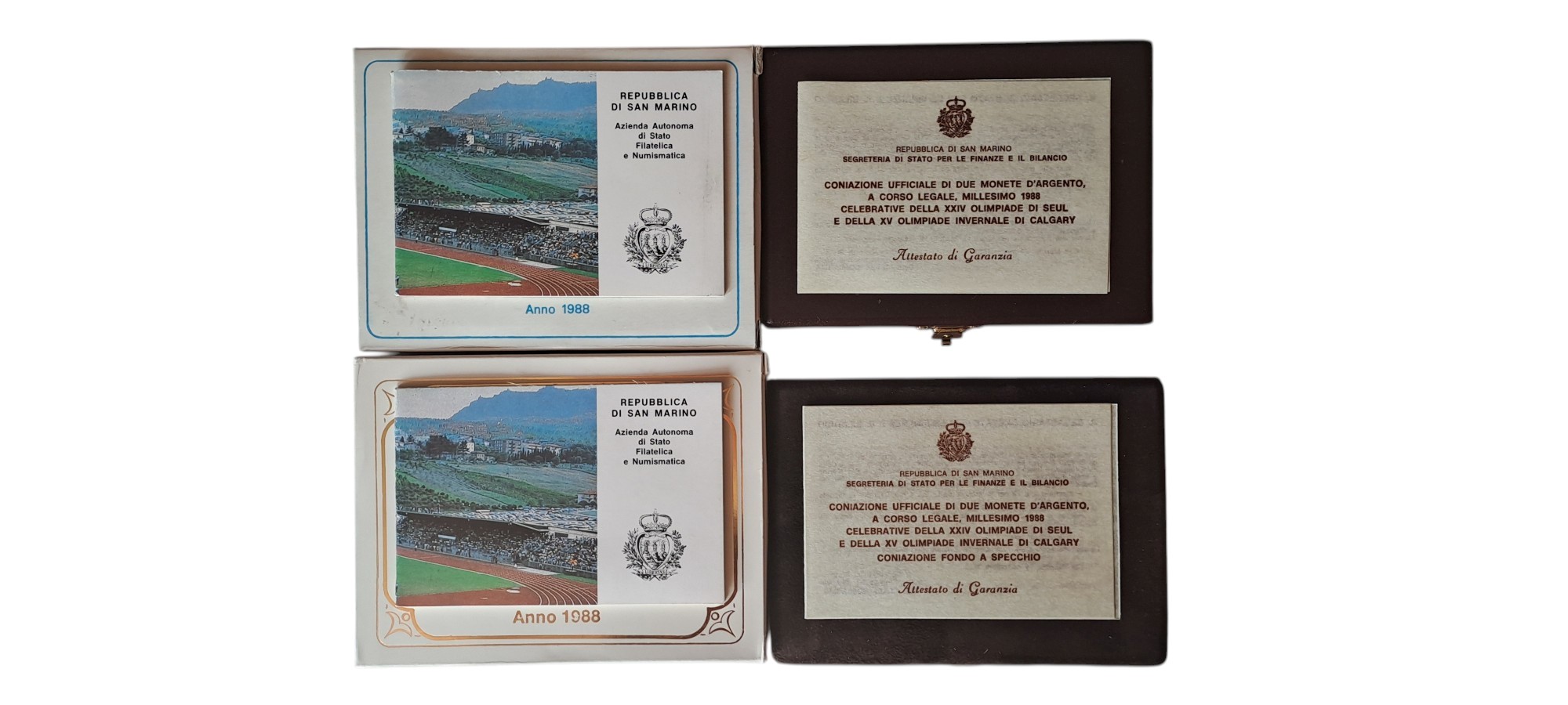 San Marino, 1988, due dittici celebrativi Olimpiadi invernali di Calgary e XIV Olimpiade di Seul,...