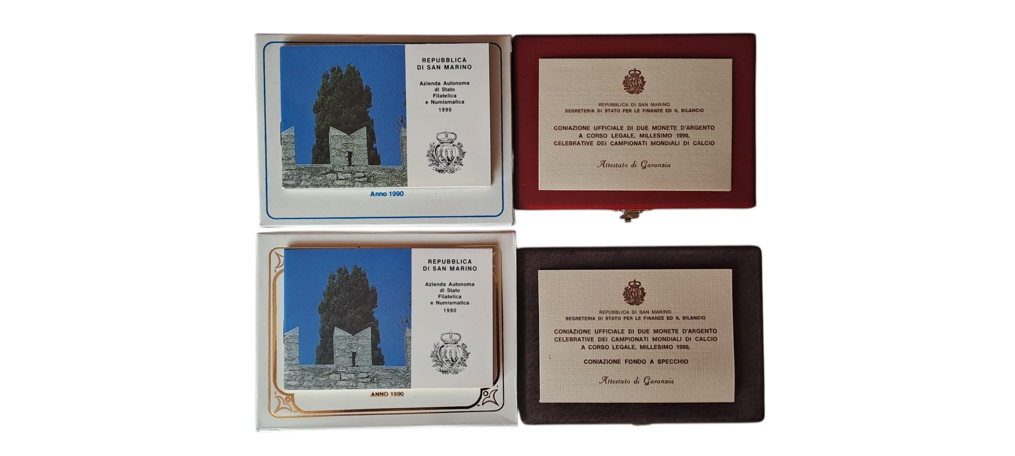 San Marino, 1990, dittici celebrativi del Campionato Mondiale di Calcio con quattro monete d’arge...