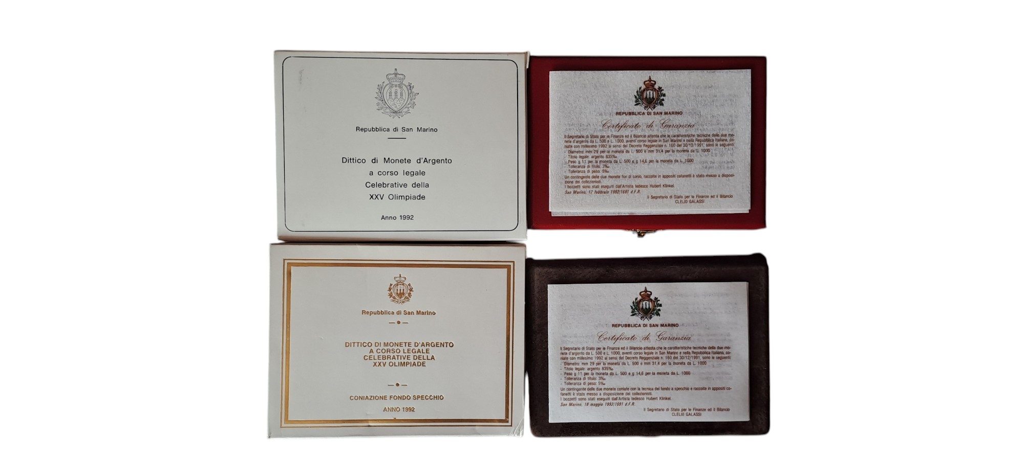 San Marino, XXV Olimpiade (1992), dittici celebrativi con quattro monete in argento (835‰)