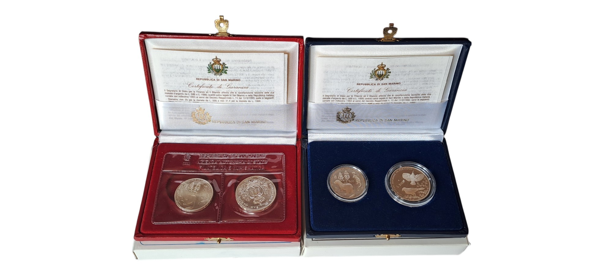 San Marino, 1993, dittici commemorativi «Mondo Animale in Pericolo», quattro monete (2 FdC e 2 Fo...