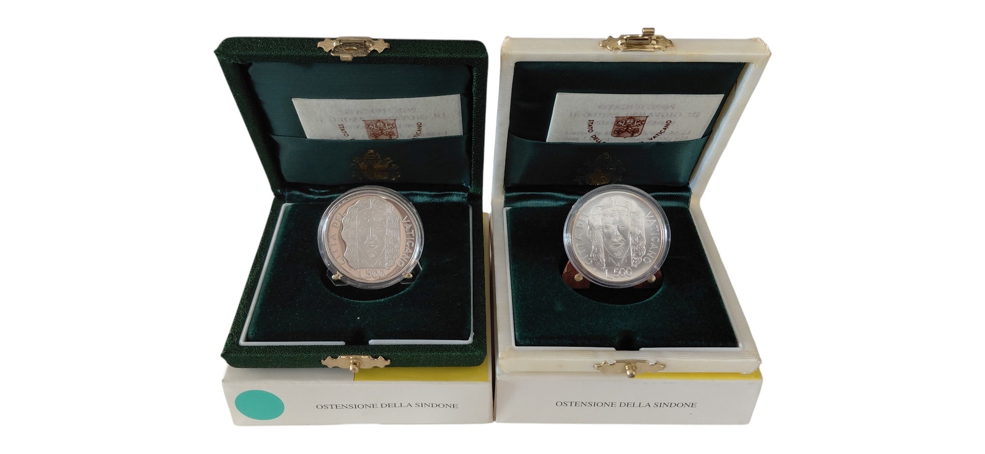 Vaticano, Ostensione della Sindone, 1998 — due confezioni celebrative con 2 × 500 Lire, argento 8...
