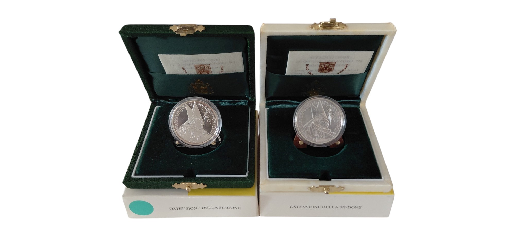 Vaticano, Ostensione della Sindone, 1998 — due confezioni celebrative con 2 × 500 Lire, argento 8...