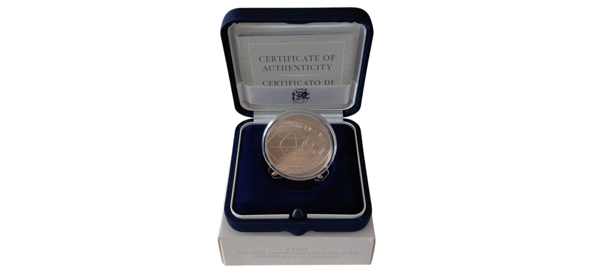 Italia, 2004, Moneta da cinque euro in argento 925‰, Fondo Specchio (Proof - PP) “Mondiali di Cal...
