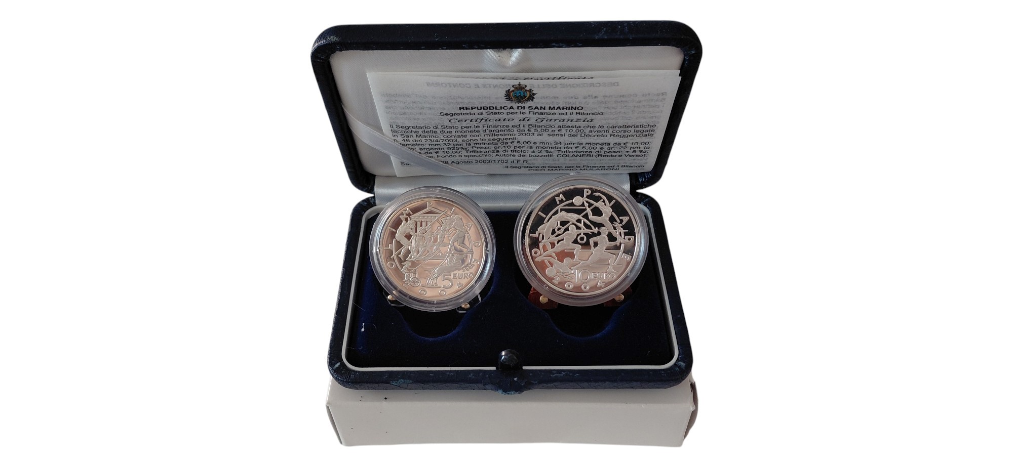 San Marino, Dittico celebrativo “Olimpiadi di Atene 2004”, monete in argento Fondo Specchio (5 + ...