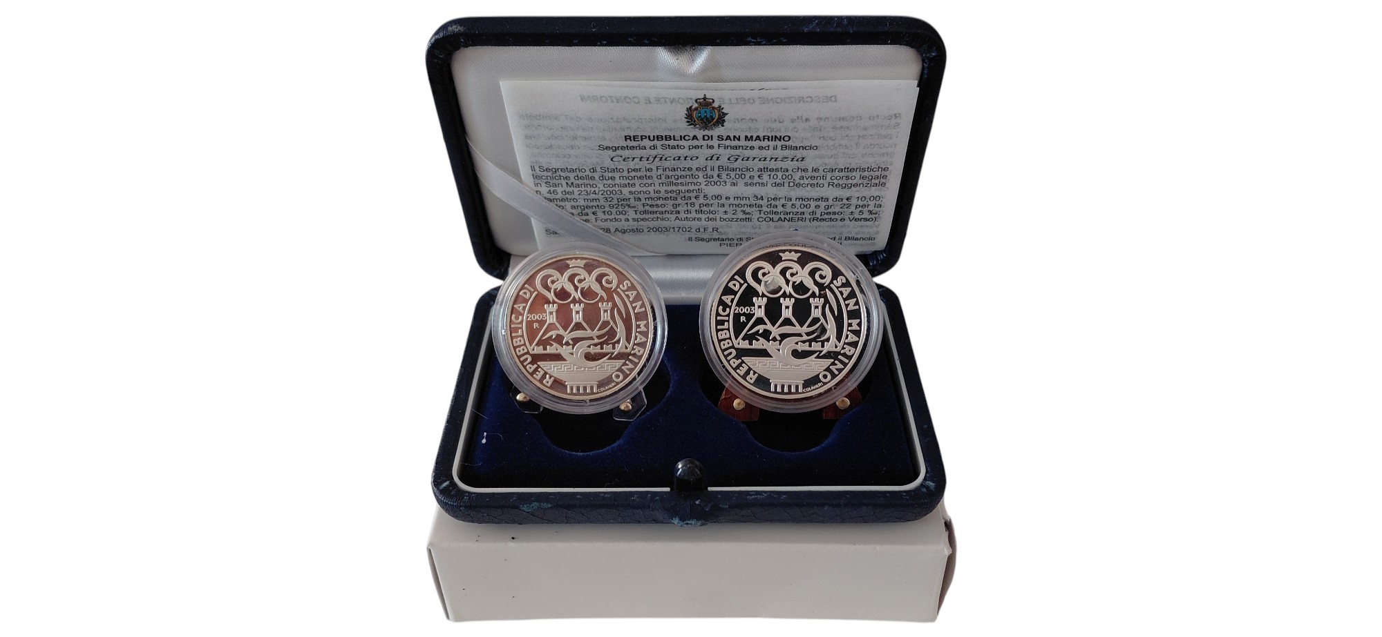 San Marino, Dittico celebrativo “Olimpiadi di Atene 2004”, monete in argento Fondo Specchio (5 + ...