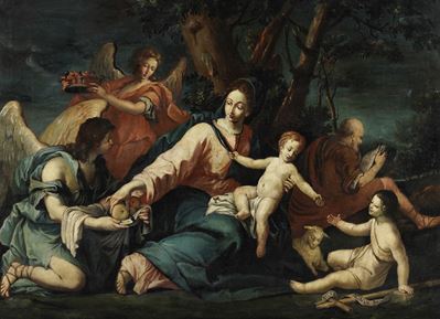 Scuola emiliana del XVII secolo, Sacra Famiglia con San Giovannino e angeli, olio su tela