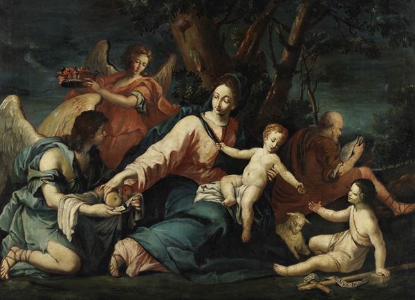 Scuola emiliana del XVII secolo Sacra Famiglia con San Giovannino e angeli