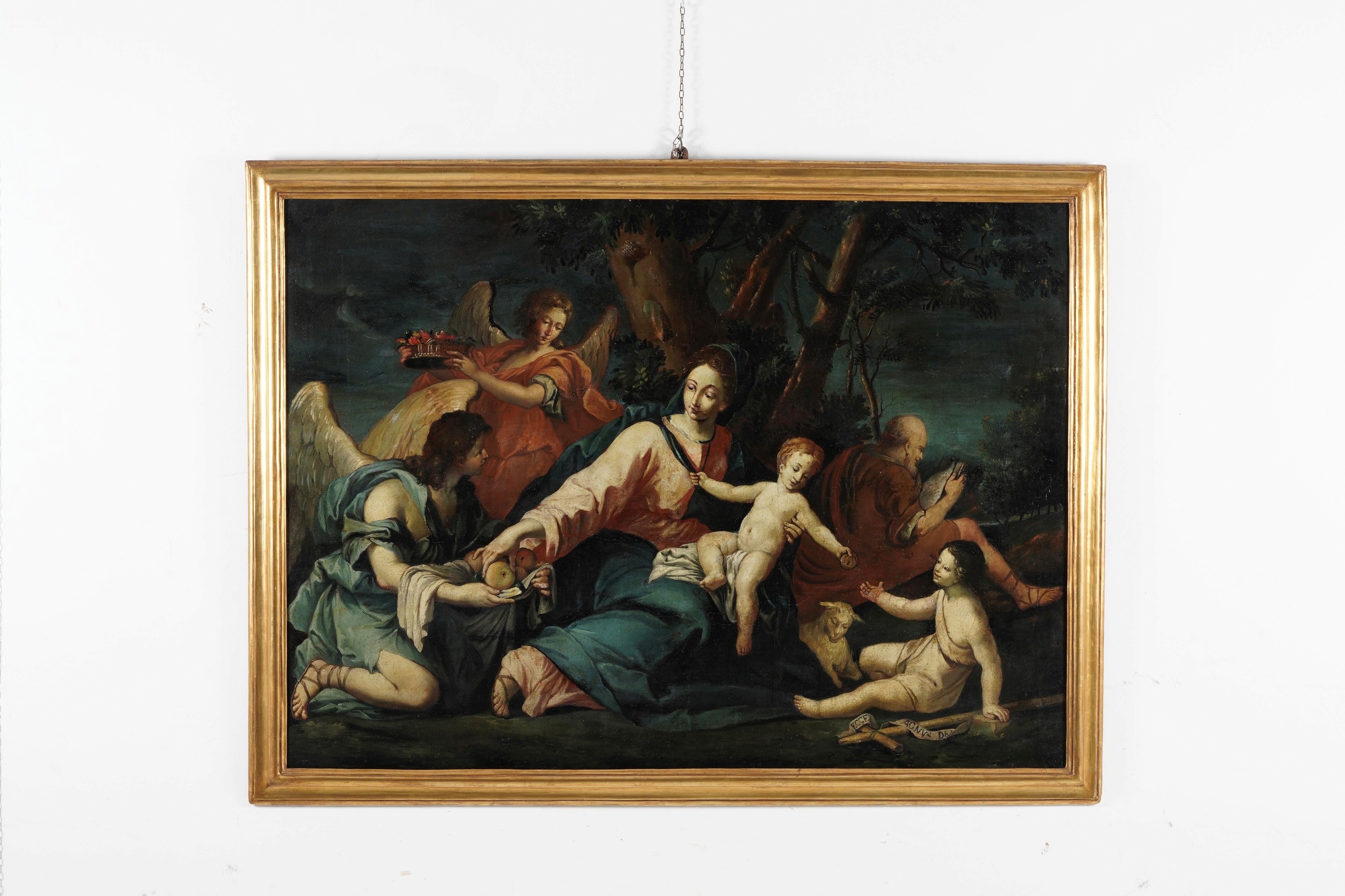 Scuola emiliana del XVII secolo, Sacra Famiglia con San Giovannino e angeli, olio su tela