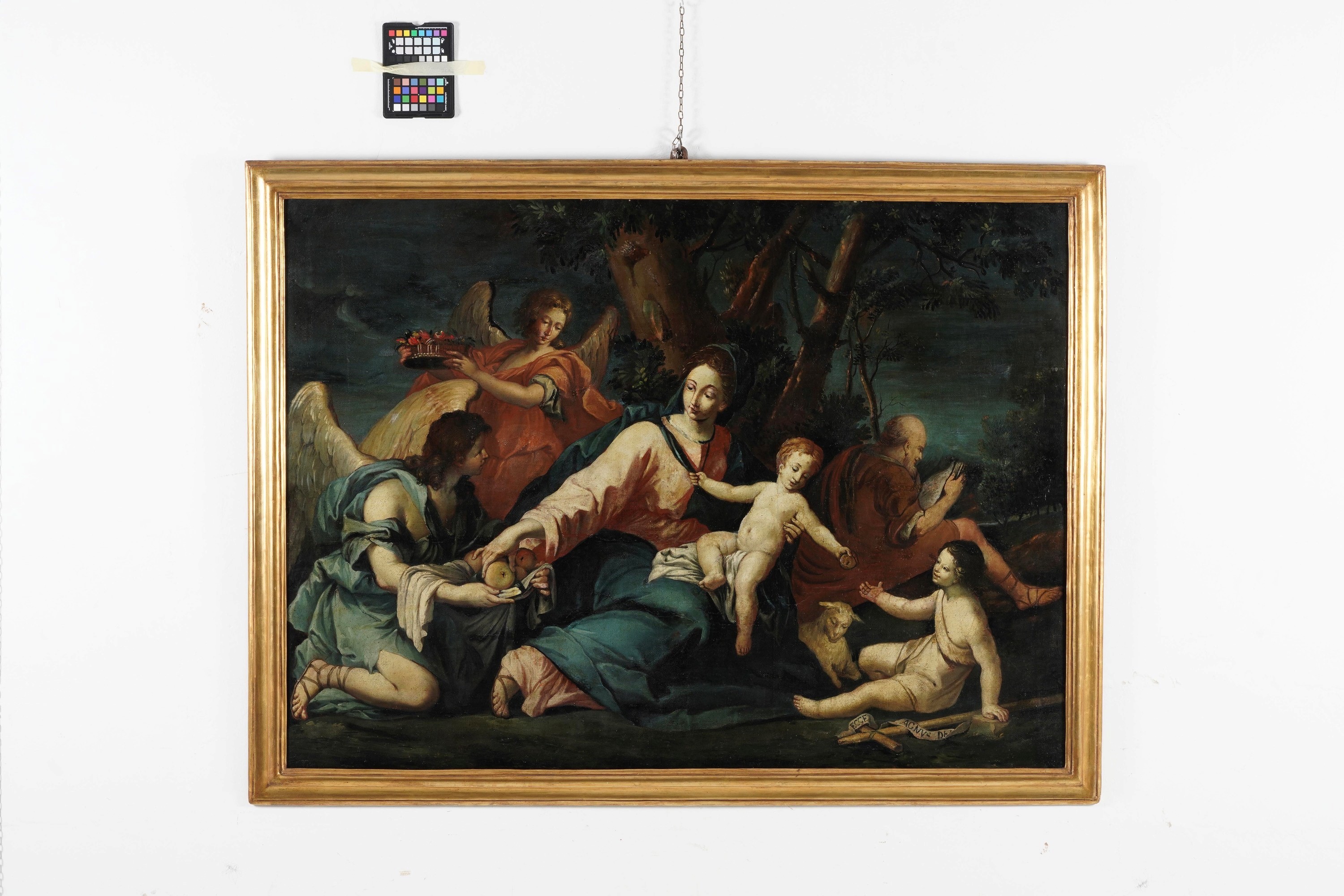 Scuola emiliana del XVII secolo, Sacra Famiglia con San Giovannino e angeli, olio su tela