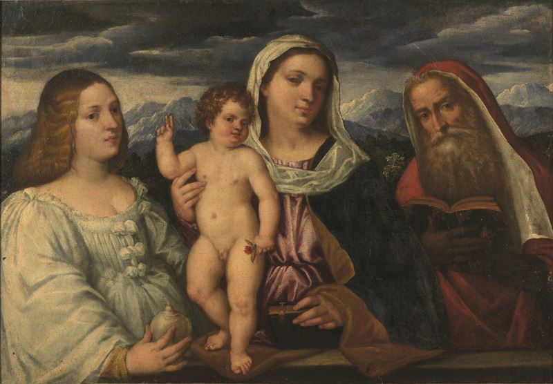 Giovanni Busi detto il Cariani : Madonna con Bambino, Maria Maddalena e San Gerolamo  - Asta Old Masters Paintings - Cambi Casa d'Aste