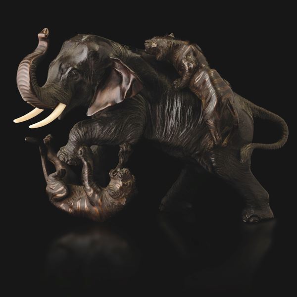 Bronze figure of an elephant and tigers, Japan, Meiji period (1868–1912).