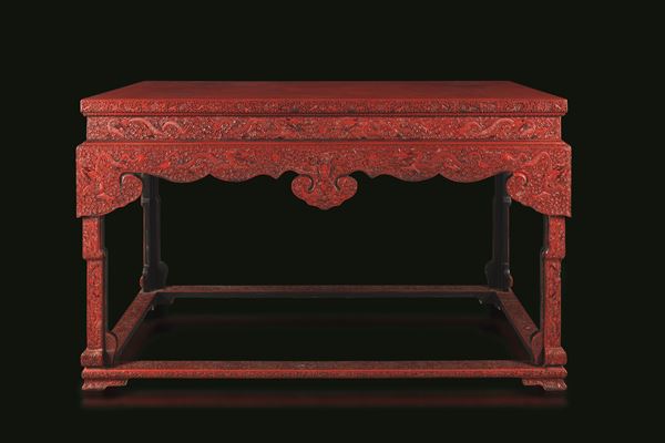 Important ceremonial altar in wood and red lacquer with carved decoration depicting dragons and lotus flowers, China, Qing Dynasty, Jiaqing period (1796–1820).