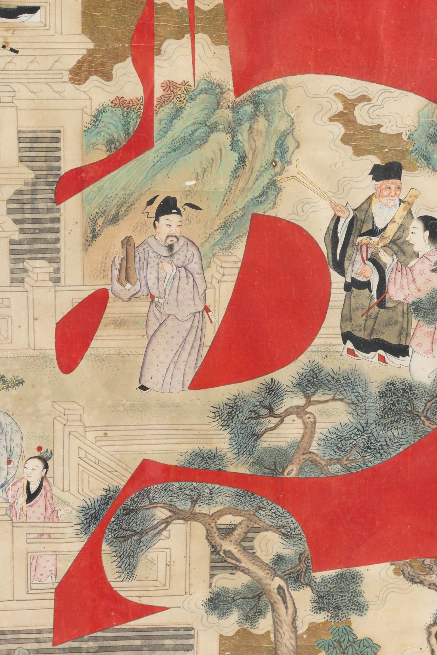 Cina, Dinastia Qing, Scene fantastiche e di vita di corte, dipinto su carta con antico carattere ...