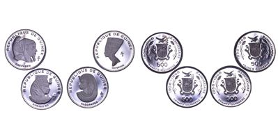 Guinea, Lotto di quattro monete da 500 Francs Guineens (1970), serie Faraoni
