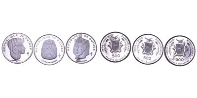 Guinea, Lot di tre monete da 500 Francs (1970), serie Faraoni