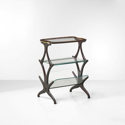 Portariviste, struttura in legno con inserti in ottone e piani in cristallo molato, produzione it...