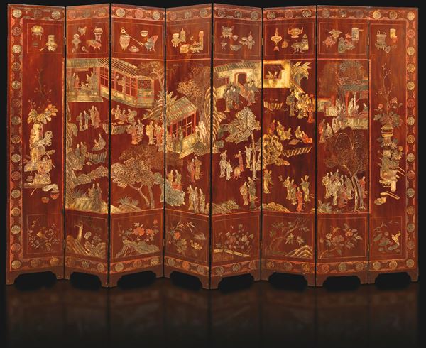 Eight-panel screen depicting a court scene, China, Qing Dynasty, Kangxi period (1662–1722).