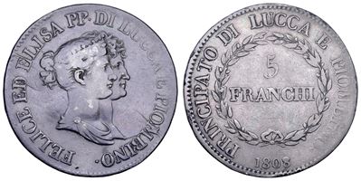 LUCCA, Elisa Bonaparte e Felice Baciocchi — 5 Franchi 1808, argento
