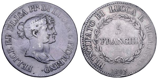 LUCCA. ELISA BONAPARTE E FELICE BACIOCCHI, 1805-1814. 5 Franchi 1808.