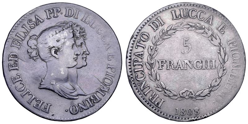 LUCCA. ELISA BONAPARTE E FELICE BACIOCCHI, 1805-1814. 5 Franchi 1808.  - Asta Numismatica - Cambi Casa d'Aste