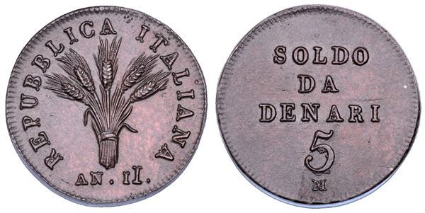 MILANO. REPUBBLICA ITALIANA, 1802-1805. Progetto del soldo da 5 denari A. II (1803).