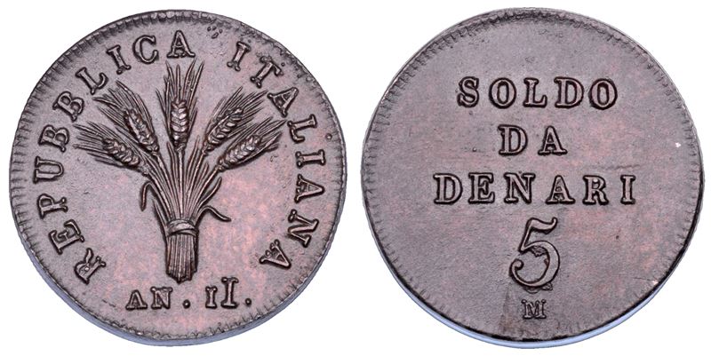 Milano, Repubblica Italiana (1802–1805), Progetto del soldo da 5 denari “A. II” (1803), rame