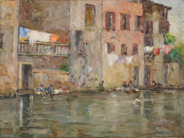 Guido Meineri - Veduta fluviale con lavandaie
