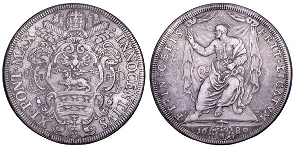 STATO PONTIFICIO. INNOCENZO XI (Benedetto Odescalchi), 1676-1689. Piastra 1680. Roma.
