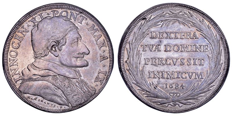 STATO PONTIFICIO. INNOCENZO XI (Benedetto Odescalchi), 1676-1689. Piastra A. IX/1684. Roma.  - Asta Numismatica - Cambi Casa d'Aste