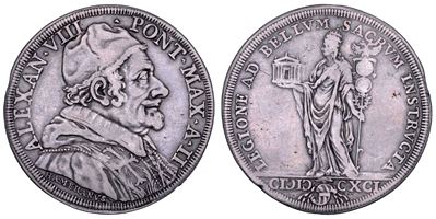 Pietro Ottoboni (Alessandro VIII), Piastra con busto a destra e personificazione della Chiesa, 16...
