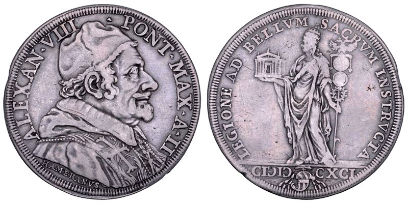 Pietro Ottoboni (Alessandro VIII), Stemma e personificazione della Chiesa, piastra A. II/1691, Ro...