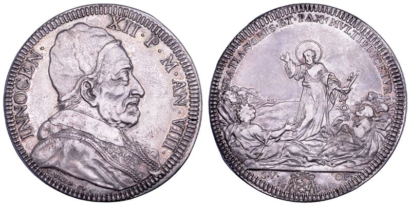 Pignatelli (Innocenzo XII), Stato pontificio. Piastra (1698) con busto a destra e San Pietro stan...