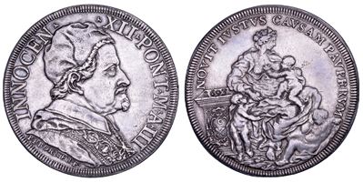 Innocenzo XII (Antonio Pignatelli), Piastra A. III/1693 (Roma) con busto e scena della Carità