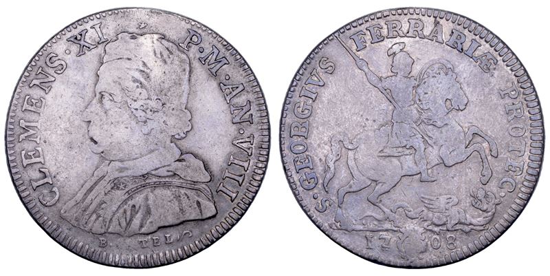 STATO PONTIFICIO. CLEMENTE XI (Giovanni Francesco Albani), 1700-1721. Piastra A. VIII/1708. Ferrara.  - Asta Numismatica - Cambi Casa d'Aste