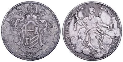 Carlo Rezzonico (Clemente XIII), Stemma pontificio e scena al rovescio, 1759