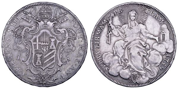 STATO PONTIFICIO. CLEMENTE XIII (Carlo Rezzonico), 1758-1769. Scudo romano A. I/1759. Roma.