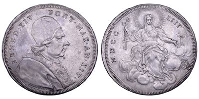 Benedetto XIV (Prospero Lambertini), Scudo romano con busto a destra e stemma, 1753