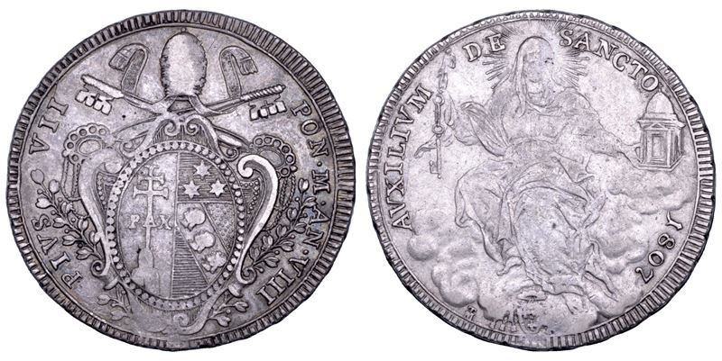 Chiaramonti (Gregorio Luigi Barnaba), Stemma pontificio Pio VII, 1807 (scudo romano), argento