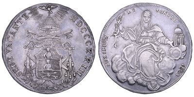 Bartolomeo Pacca (cardinale camerlengo), Stato Pontificio—Sede Vacante 1823, scudo romano, argent...