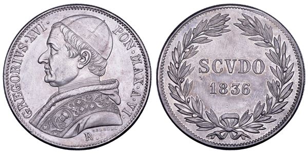 STATO PONTIFICIO. GREGORIO XVI (Bartolomeo Alberto Cappellari della Colomba), 1831-1846. Scudo romano A. VI/1836. Roma.